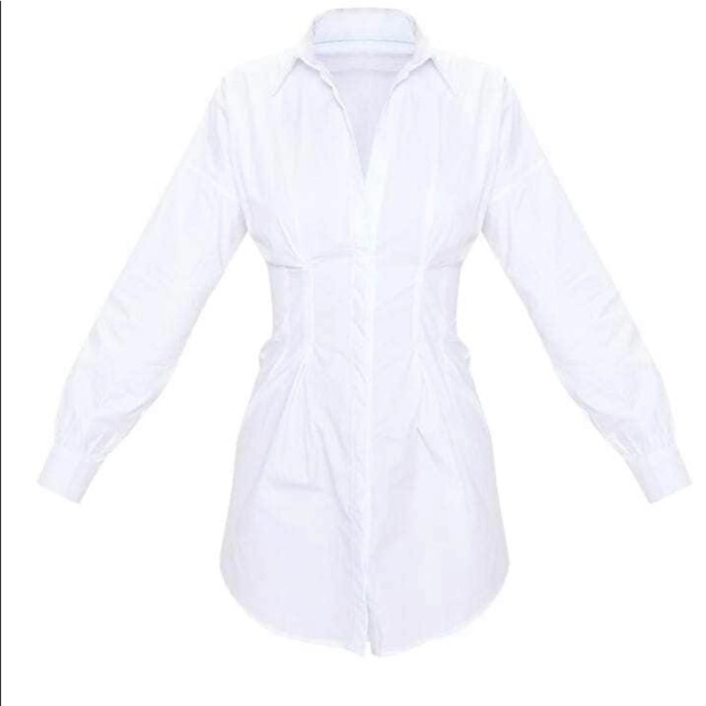 White Long Sleeve Fitted Waist Shirt Dress